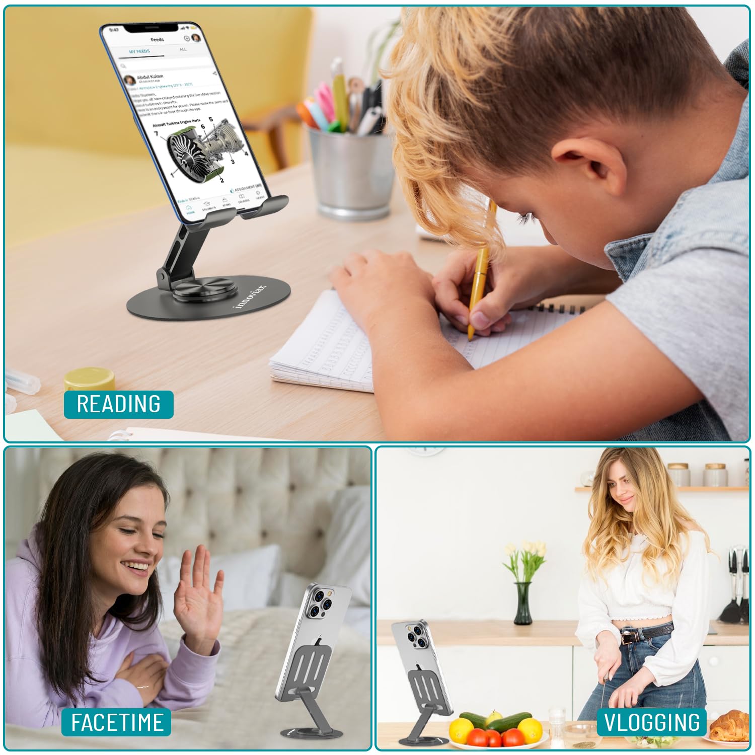 2 soportes para teléfono celular, rotación de 360 grados, multiángulo ajustable, metal duradero, compatible con iPhone, smartphones y tabletas Android, color gris