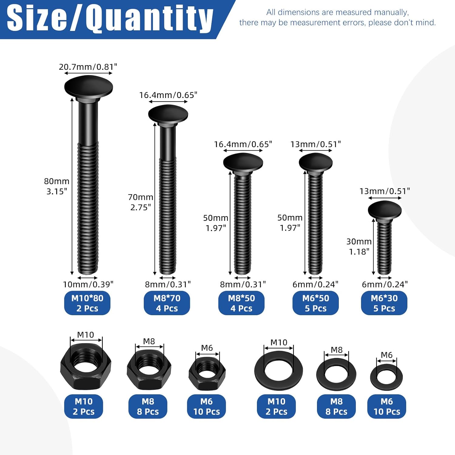 Glarks 60pcs M6 M8 M10 Carriage Bolts Screws, Round Head Square Neck Bolts, Square Neck Carriage Bolts Screws with Nuts and Washers for Machinery Industry