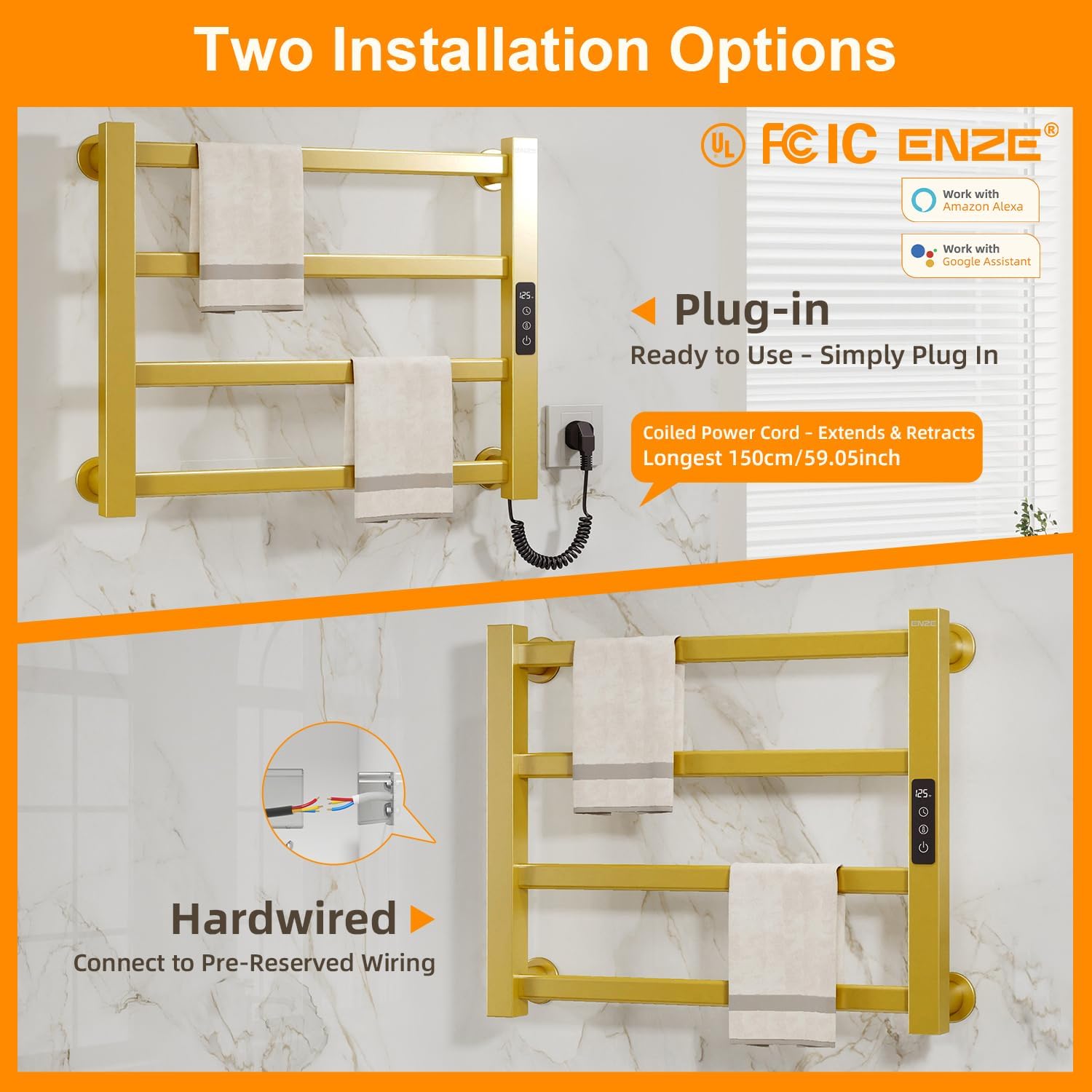 ENZE Smart Heated Towel Rack, 4-Bar Wall-Mounted Electric Towel Warmer 115W, Wi-Fi App Control & LED Touch Screen, Adjustable Temperature & 24H Timer, IPX5, Plug-in/Hardwired, Gold