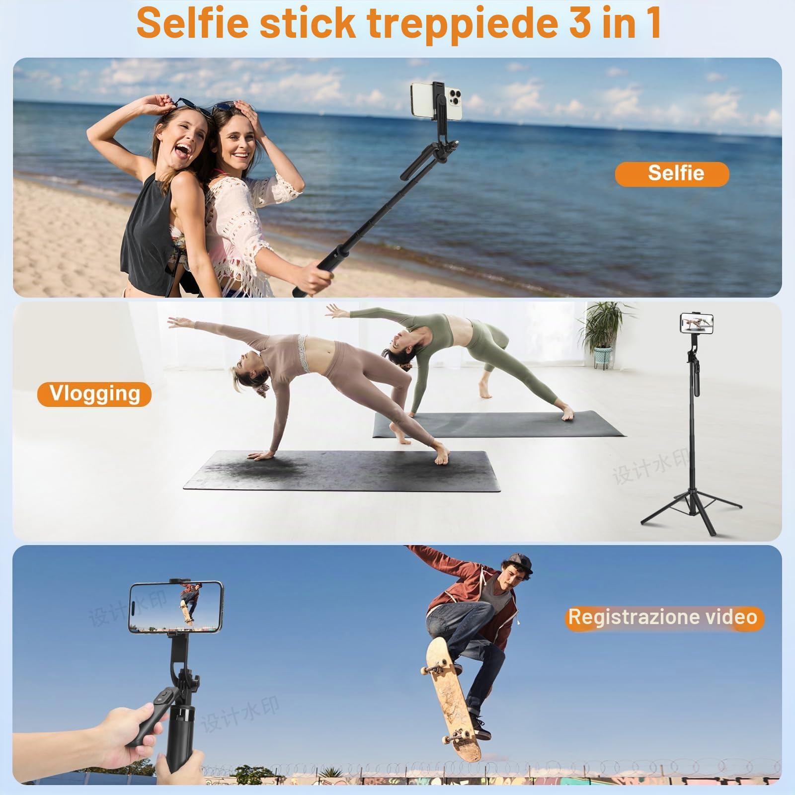 Treppiede per selfie da 177,8 cm, con telecomando ricaricabile, portatile, estensibile, 3 in 1, per registrazione video, selfie da viaggio per iPhone e Android