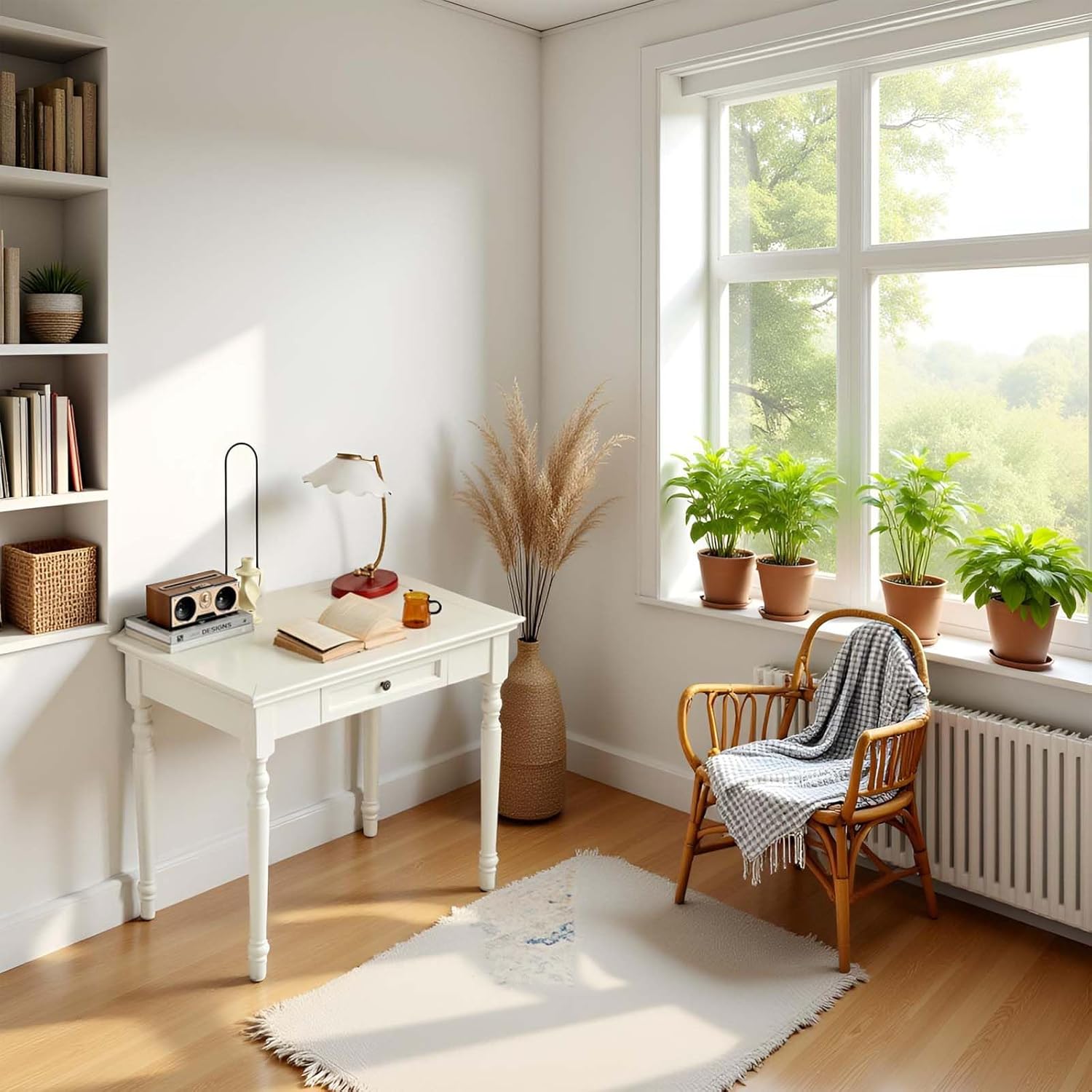 White Writing Desks with Drawers, 35" Solid Wood French Country Style Computer Desk for Home Office, Living Room Study or Workspace