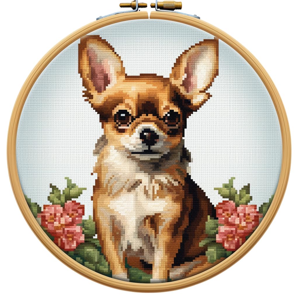 Chihuahua DIY Stamped Cross Stitch Kits for Beginners Easy with Hoop 11CT Needlepoint Embroidery Counted Cross Stitch Kits Art Craft Wall Decor and Gift 35x35cm(1)