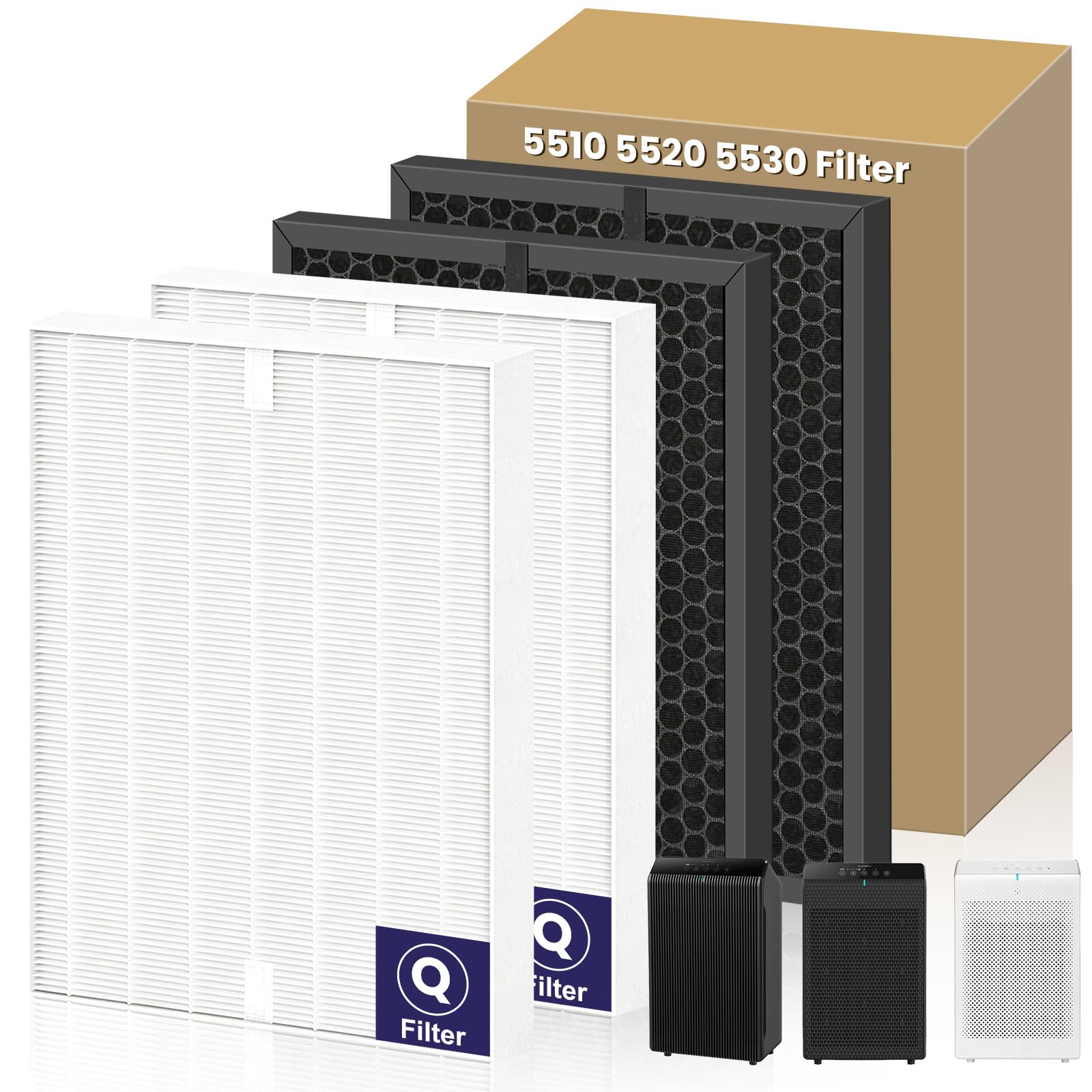 5510 5520 - Filtro de repuesto Q compatible con purificadores de aire Winix 5510, 5520, 2 filtros HEPA + 2 filtros de carbón activado para polvo, polen, humo de mascotas, parte # 1712-0123-00