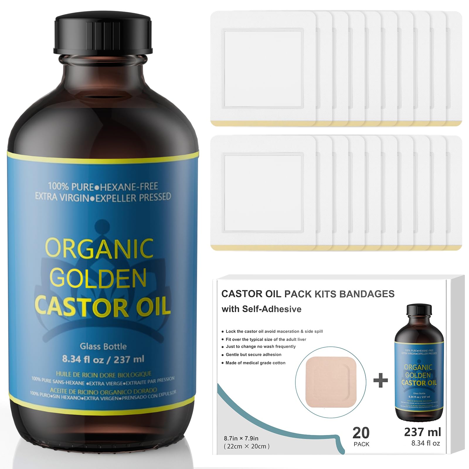Hbaid Castor Oil Organic Cold Pressed Unrefined in Glass Bottle (8fl.oz/237ml), 20 Pieces 8.7 x 7.9 Inch Self-Adhesive Castor Oil Pack Made of Organic