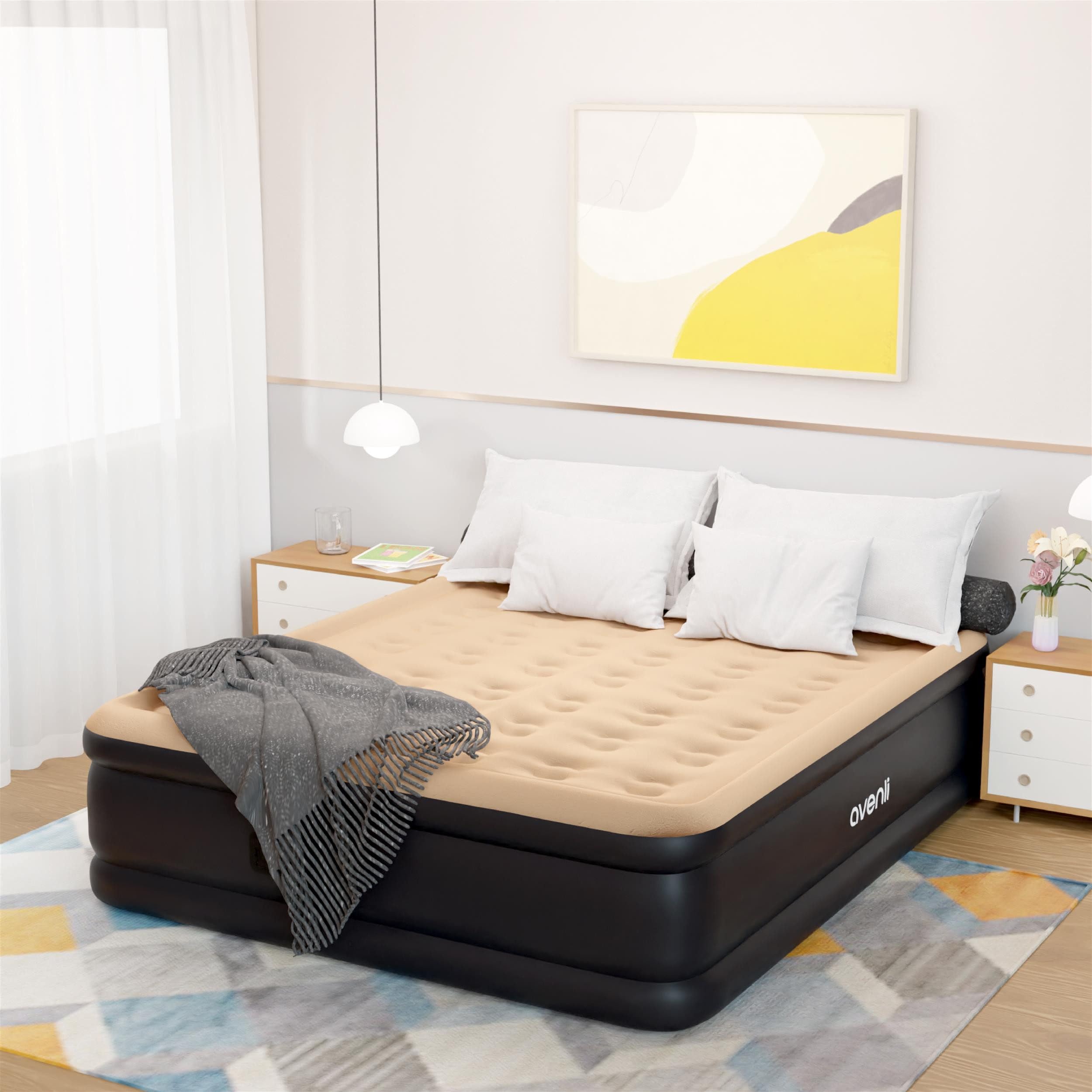 AVENLI Materasso Indoor Gonfiabile High Raised Queen Size 203x157x47 Floccato Nero Beige con Pompa Elettrica Integrata e Borsone