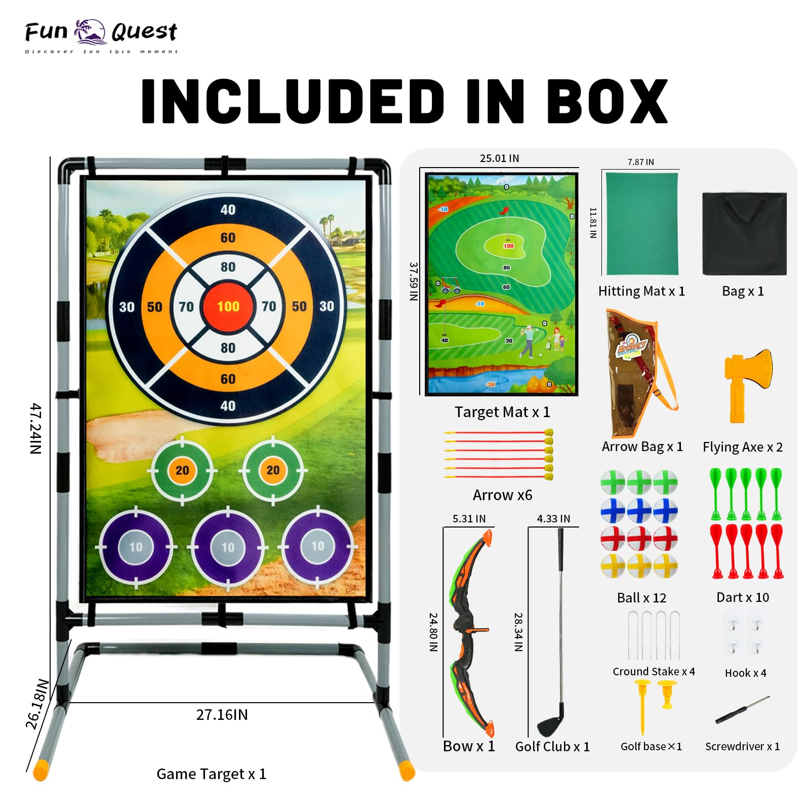 Fun Quest Durable Double-Sided Golf Chipping Game Mat Set with Bow and Arrow, Axe Throwing, Darts & Sticky Balls – Complete Toy Set for Indoor & Outdoor Family Fun, Perfect for Kids and Adults