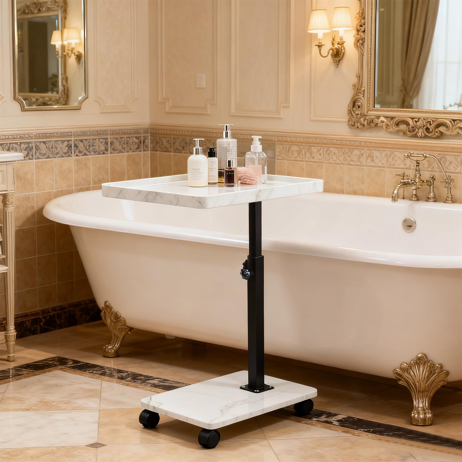 XUDREZ Mesa auxiliar ajustable, mesa pequeña en forma de C con 4 ruedas, bandeja giratoria de 364°, mesa auxiliar para sala de estar, dormitorio, sofá, espacios pequeños