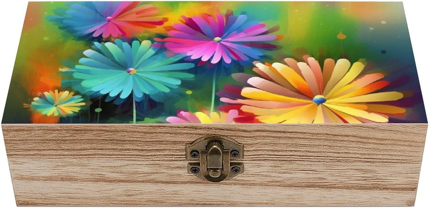 Abstract Style Colorful Flowers Memory Jewelry Wooden Box, Large Wooden Treasure Chest Boxes with Hinged Lid, Photos Storage Case for Women Men, Wooden Keepsake Box, 7.9'' X 3.9'' X2.3''