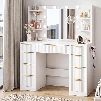 Devoko Fluted Dressing Table with Mirror and 10 LED Bulb Lights White