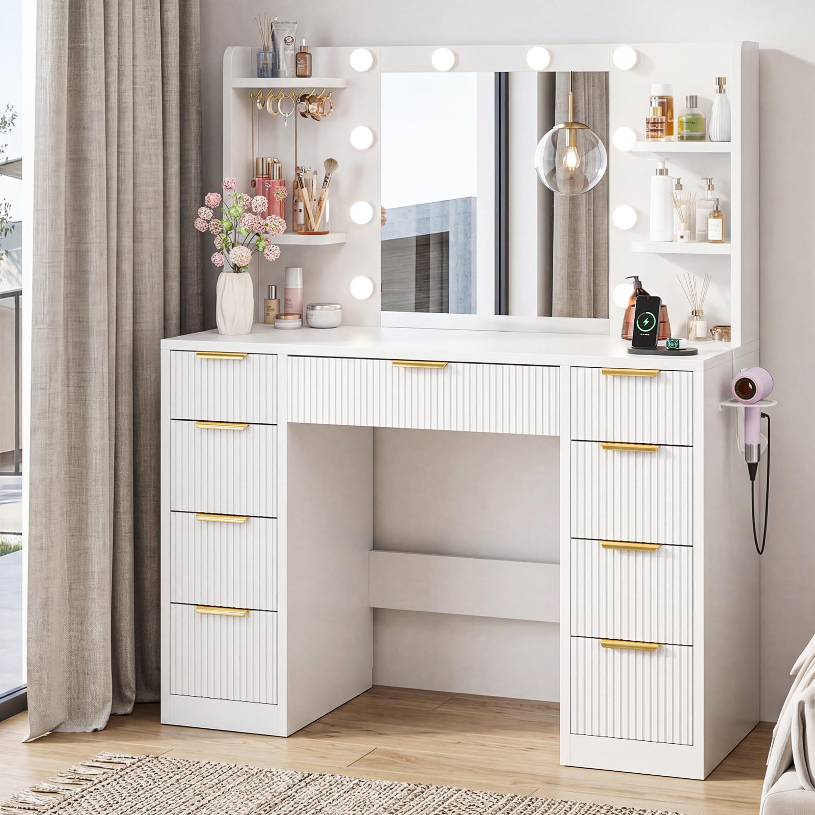 Devoko Moderner Schminktisch mit Beleuchtung & Steckdose – Großer Frisiertisch mit Spiegel, 9 Schubladen, Vanity Desk mit Haartrocknerhalterung, Make-up Tisch