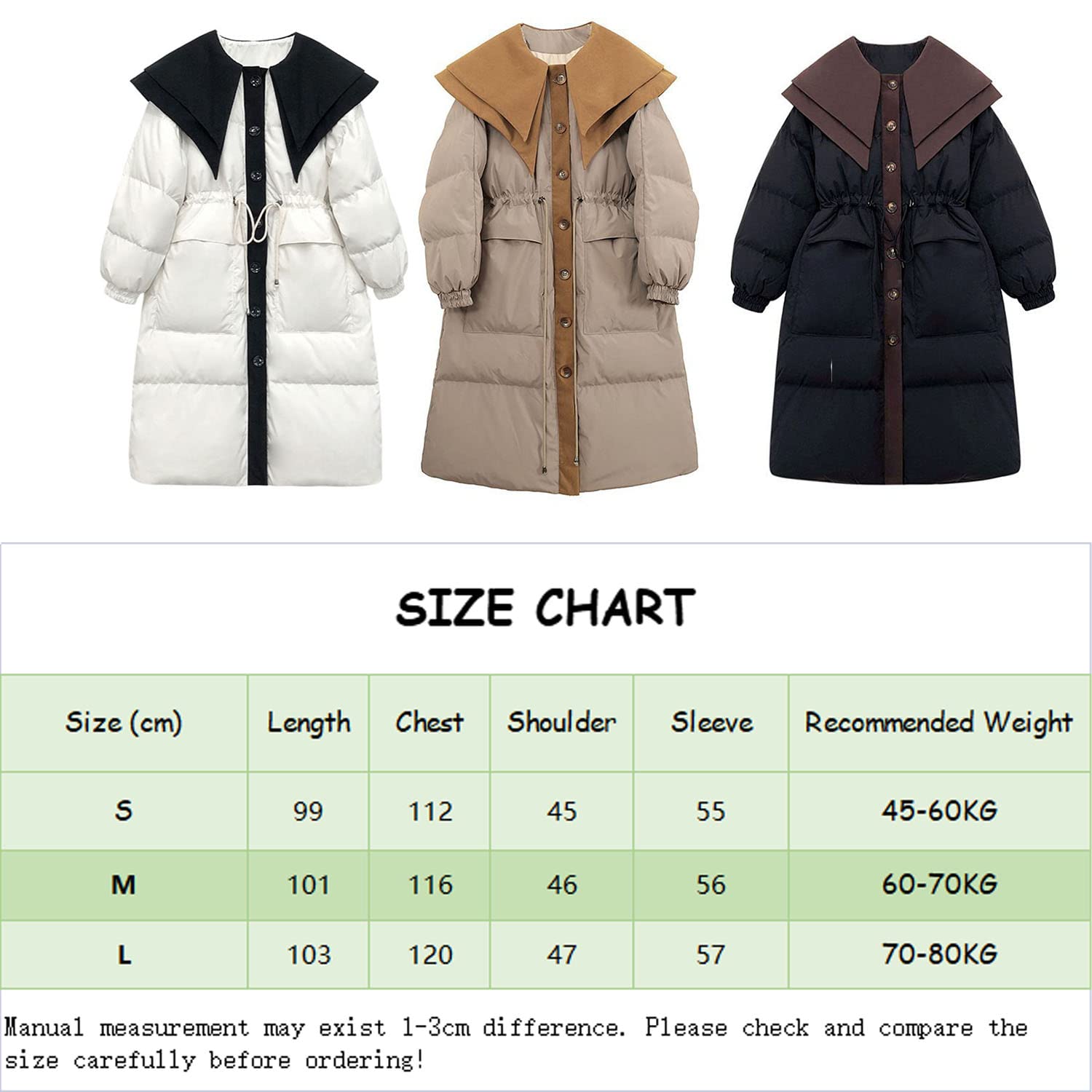 Doudoune Col de Poupée Grande Poche Veste Rembourrée Mi-Longue Outwear Hiver Épaissir Manteau Bouffant pour Femmes Dames,White,M(60