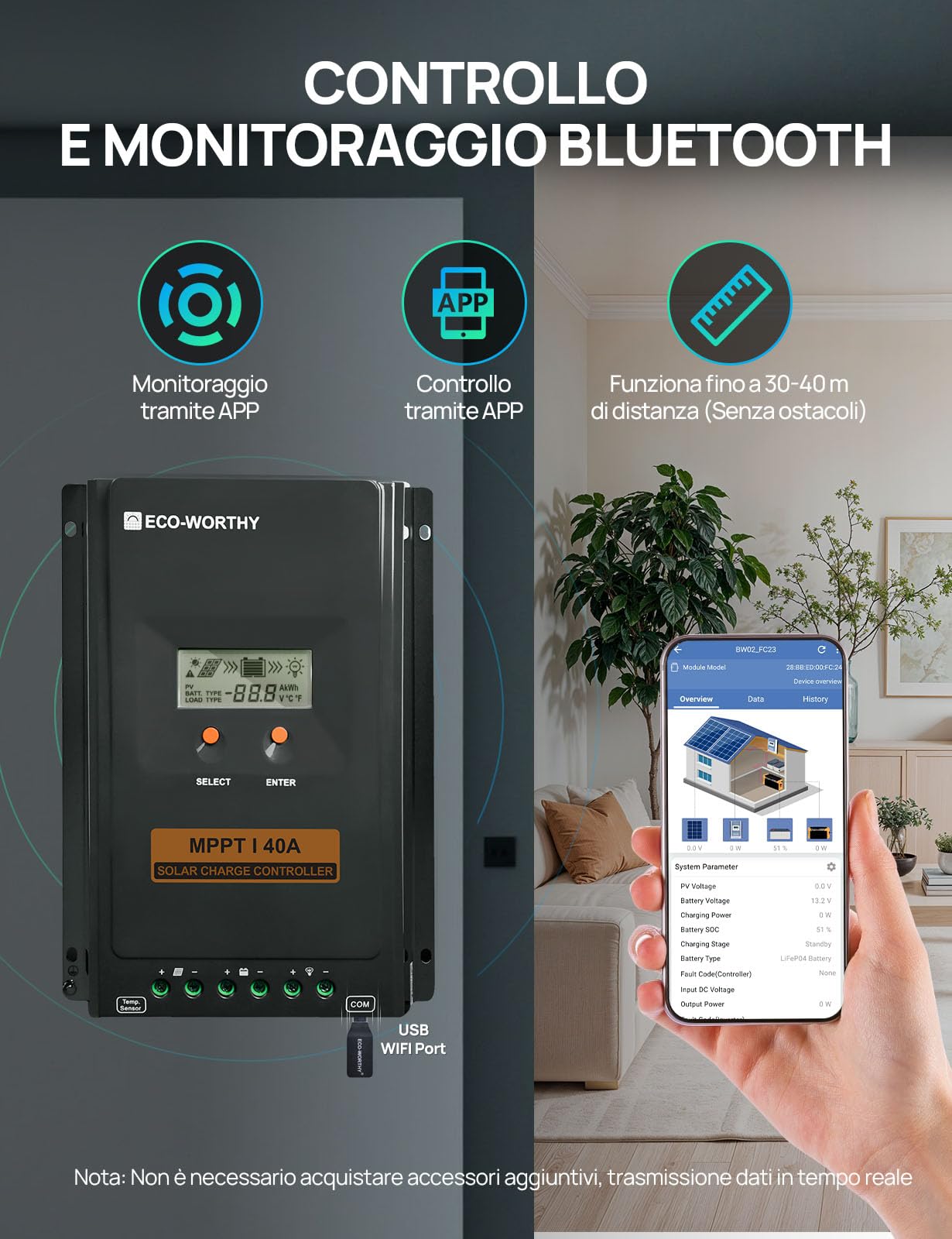 ECO-WORTHY Regolatore di carica 40A MPPT,Regolatore Solare 12V/24V con Display LCD, Monitoraggio Tramite App Bluetooth e RS485, Efficienza di Carica del 99% per Batterie al litio GEL SLA FLD