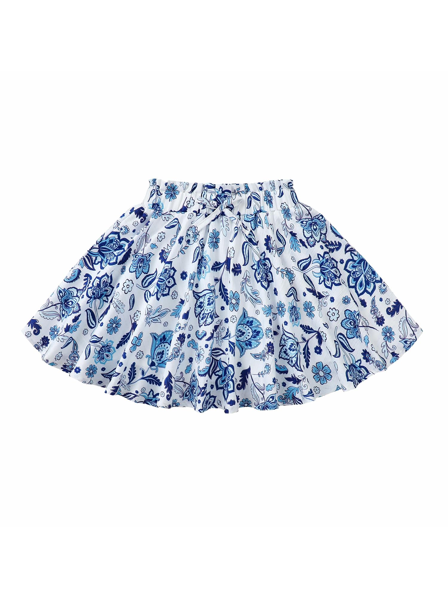 Girls Holiday Skirt Floral Boho Summer Elastic Waist Flared A-Line Skirts with Shorts Underneath Blue 9-10 Years