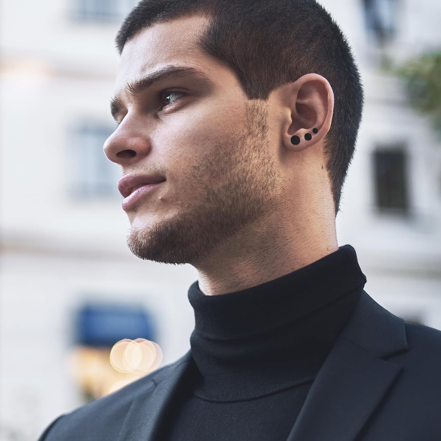 6 Pairs Black Stud for Men Women, Stainless Steel Ear Studs, Fake Gauges Dot Earrings 4-10mm Round Ear Studs