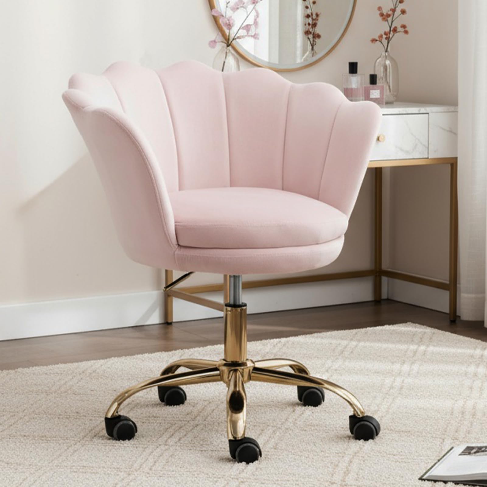 chairus Silla de Tocador de Terciopelo Silla de Maquillaje de Respaldo Floral, Sillas de Salón de Belleza Giratoria con Ruedas Silla de Escritorio Rosa para Dormitorio, Rosa Claro