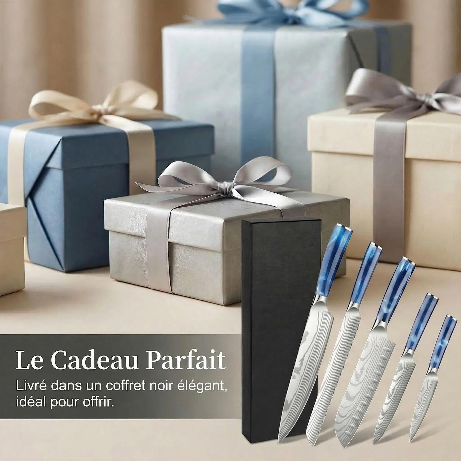 Set de 5 Couteau de Cuisine - Style Japonais, Couteau Cuisine en Acier Inoxydable à Haute Teneur en Carbone,Lames Ultra-Tranchantes & Manches Ergonomiques - Idée Cadeau avec Coffret Inclus