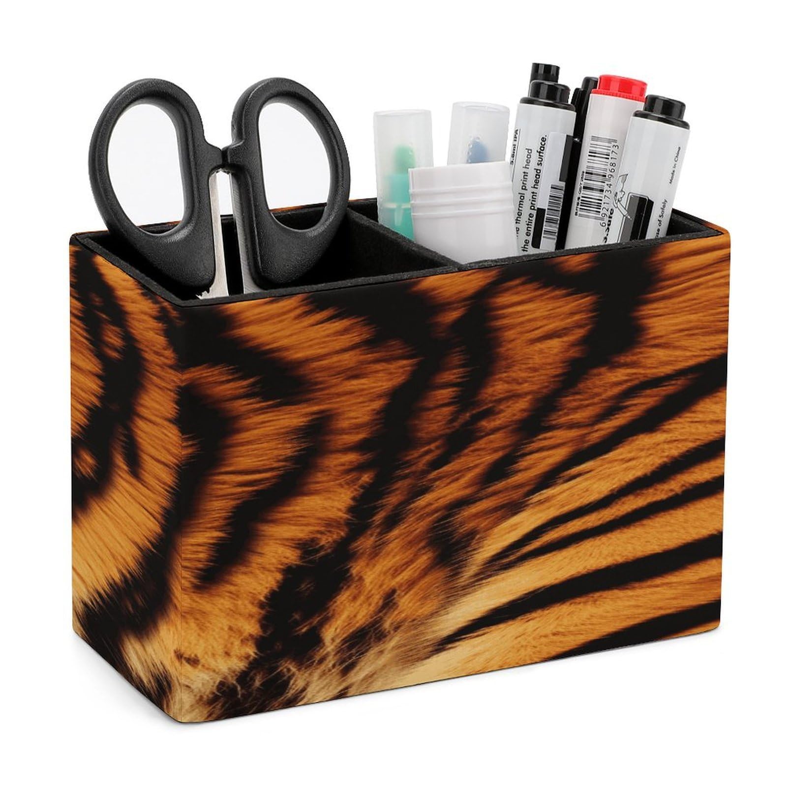 LDGSUPH Tiger Striped Pattern Leather Pen Holder for Desk Organizer Caddy Large Pencil Cup Multi-function Pencil Holder Makeup Brush Holders Pen Organizer for Home Office Storage Box