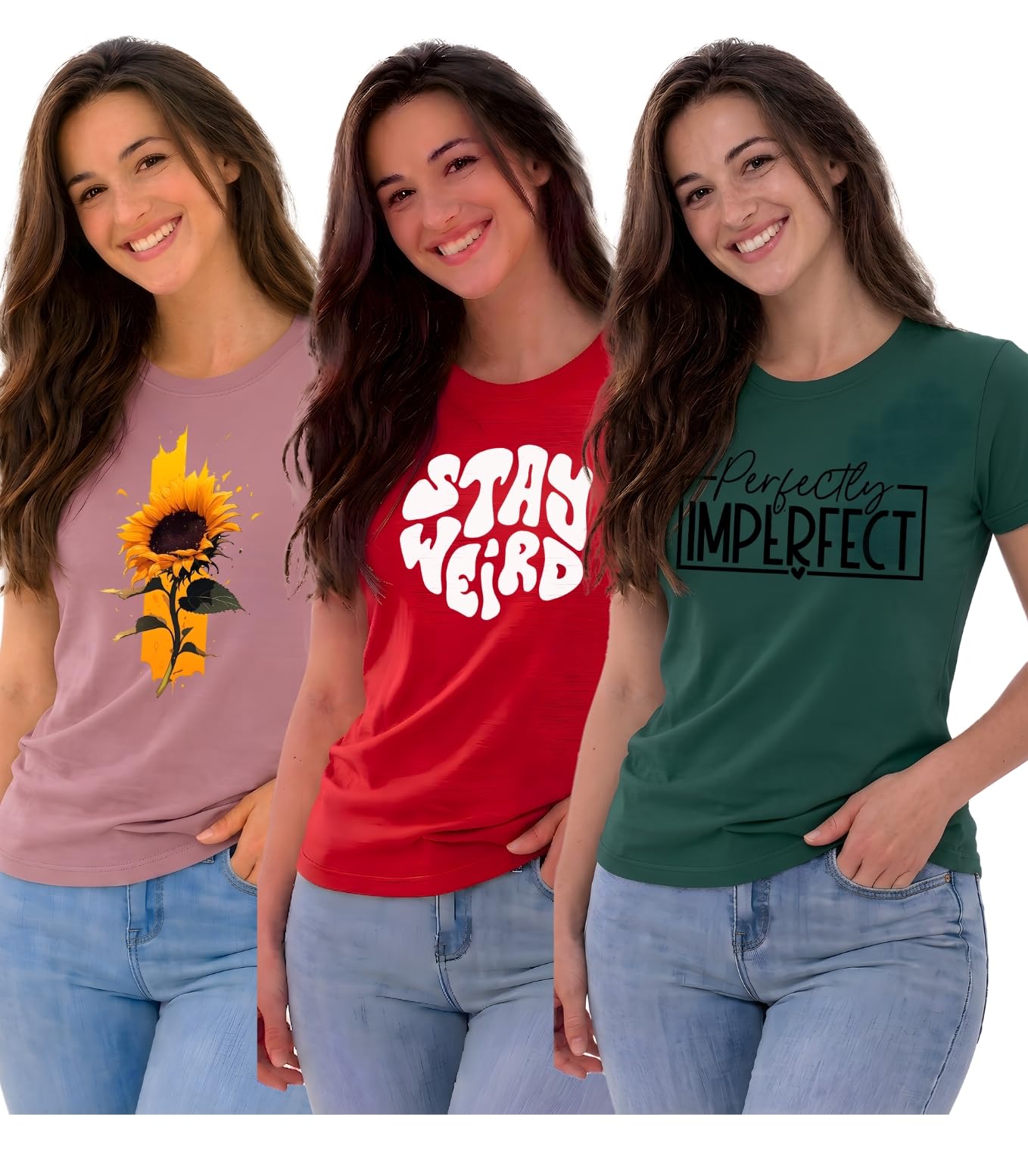 Women's Graphic T-Shirt Bundle - 3-Pack Expressive Set Featuring Artistic Sunflower, Stay Weird, and Perfectly Imperfect Designs-image-9