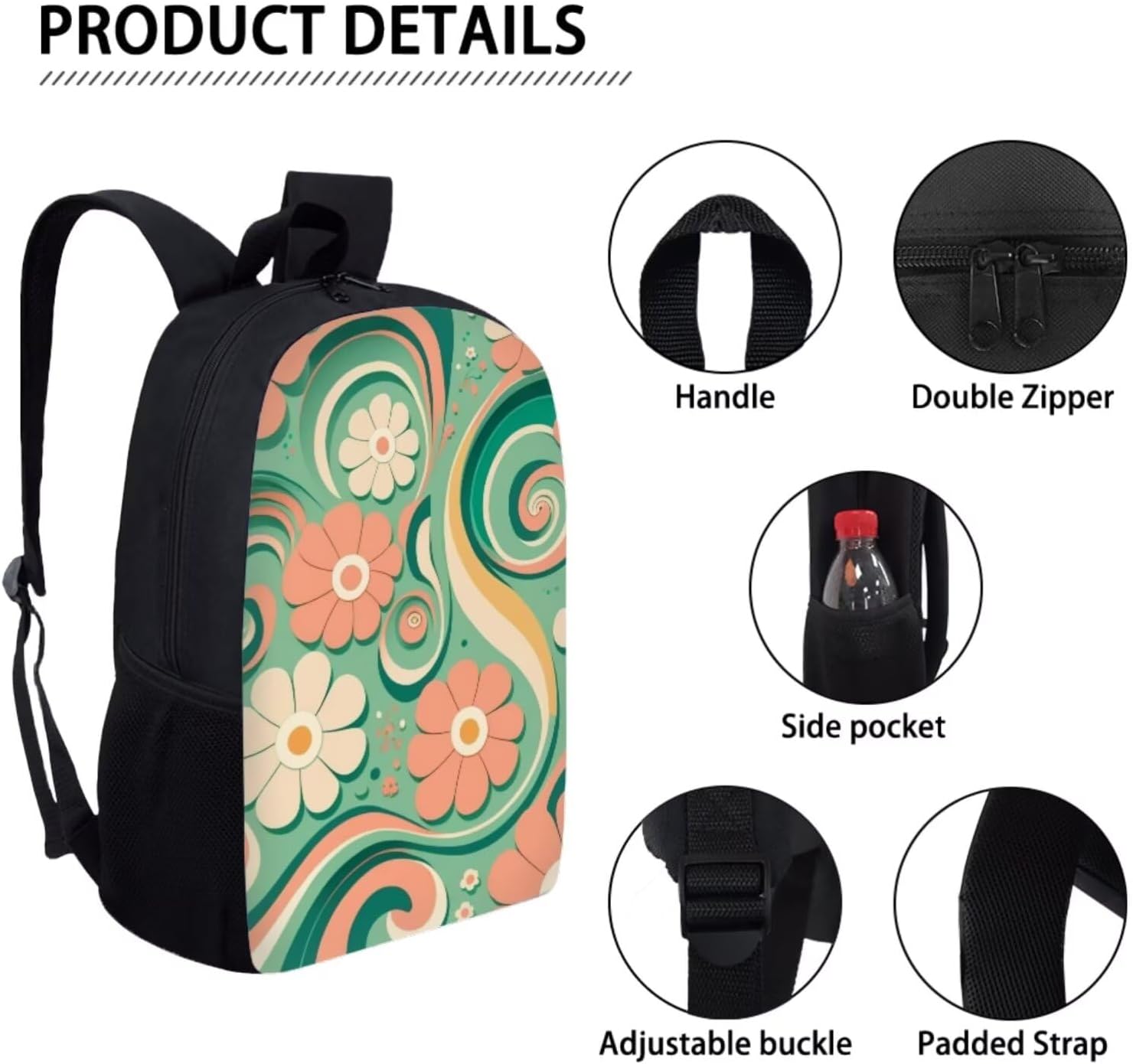 Modysero Casual Lightweight Pink Daisy Green School Backpack Set with Lunch Box for Boys Girls 3 Pcs Schoolbag for Primary Student