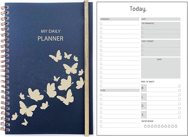 A5 Undated Daily Planner with Meal, To Do List, Schedule, Pocket, Extra Habit Tracker Contact Note Pages, Spiral Bound Daily Diary Day per Page for 2023 2024 Work Life School Goal