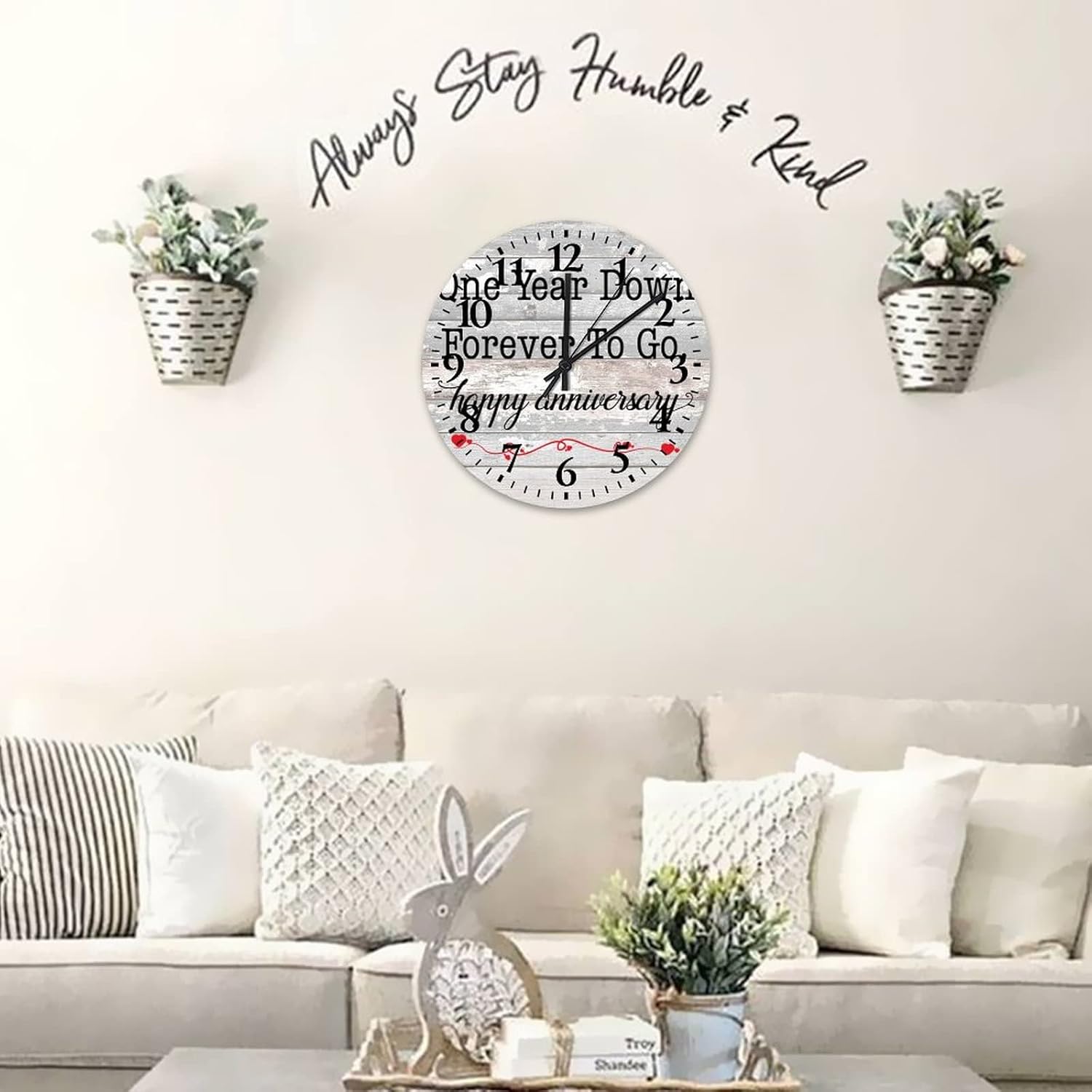 Wall Clock One Year Down Forever to Go. Happy Anniversary Home Decor Clock Battery Operated Quartz Quiet Arabic Numeral Quote Valentine's Day Birthday Gift Round Clock for Home Office 12 Inch