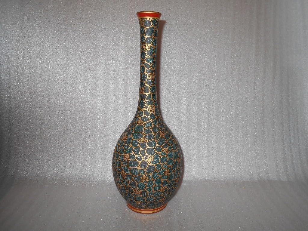 九谷 九谷 氷梅二青粒 鶴首花瓶 晴山 : 九谷 つる首 細密 青粒