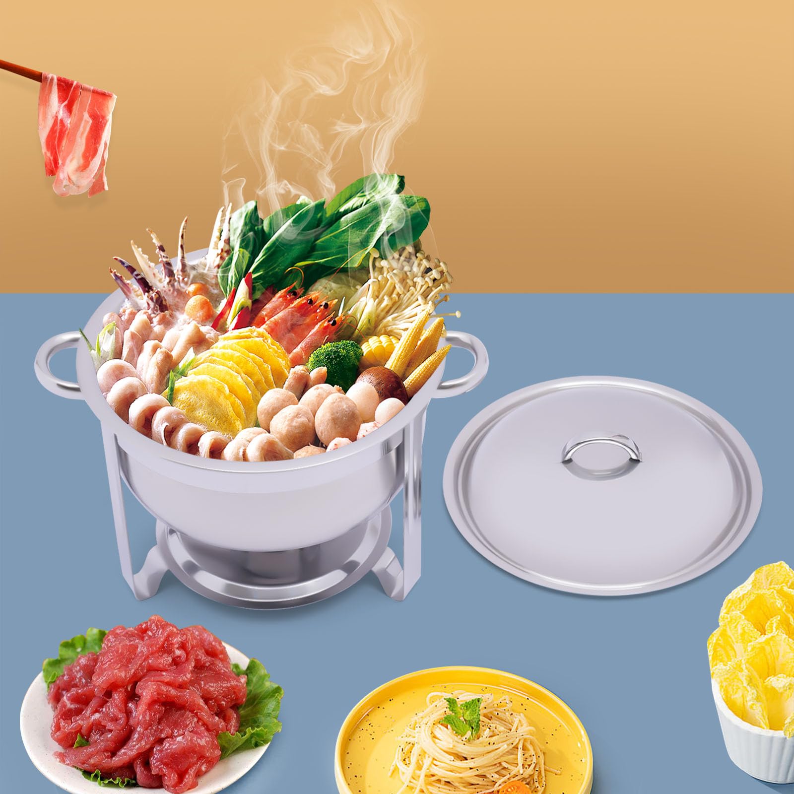Contenitore termico per alimenti, per alimenti, scaldavivande, buffet, pasta combustibile, piastra per barbecue, contenitore elettrico in acciaio inox, 5 l, rotondo