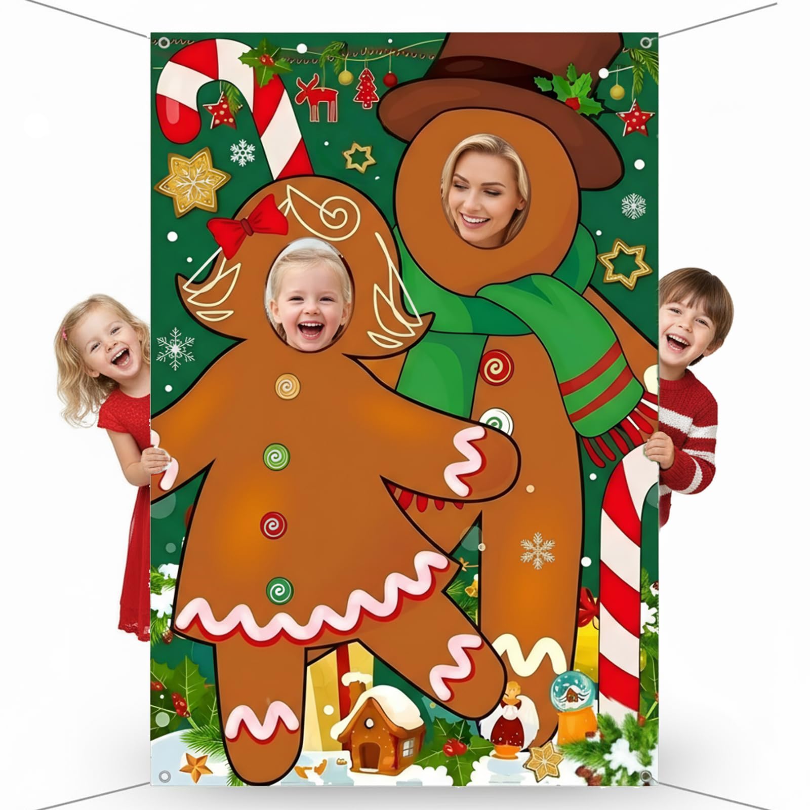Gibocot Christmas Gingerbread Decorations 39x59in Gingerbread Man Face Game Backdrop Banner, Reusable Christmas Photo Props, Winter Holiday Xmas Party Photo Booth Accessories