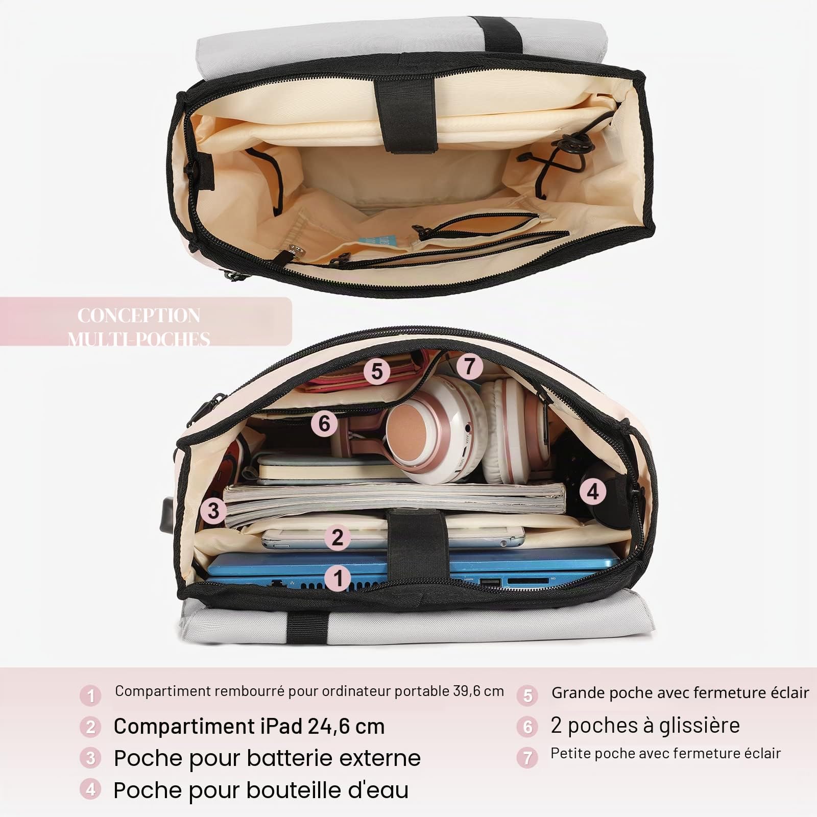 LOVEVOOK Sac à Dos Ordinateur Portable Femme 15.6 Pouces, Sac a Dos Femme Antivol Imperméable Avec Compartiment pour Collège Voyage Loisir Travail Affaire, Rose