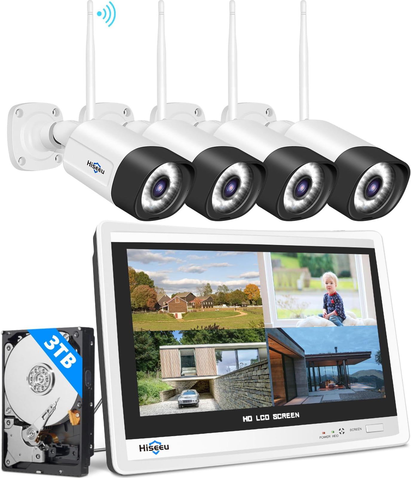 【5MP+3TB Hard Drive】Hiseeu Wireless Security Camera System with 12"Monitor Wireless CCTV System 10CH NVR,4x5Megapixel Outdoor WiFi IP Camera with 2-Way Audio Night Vision Remote View Instant Alert