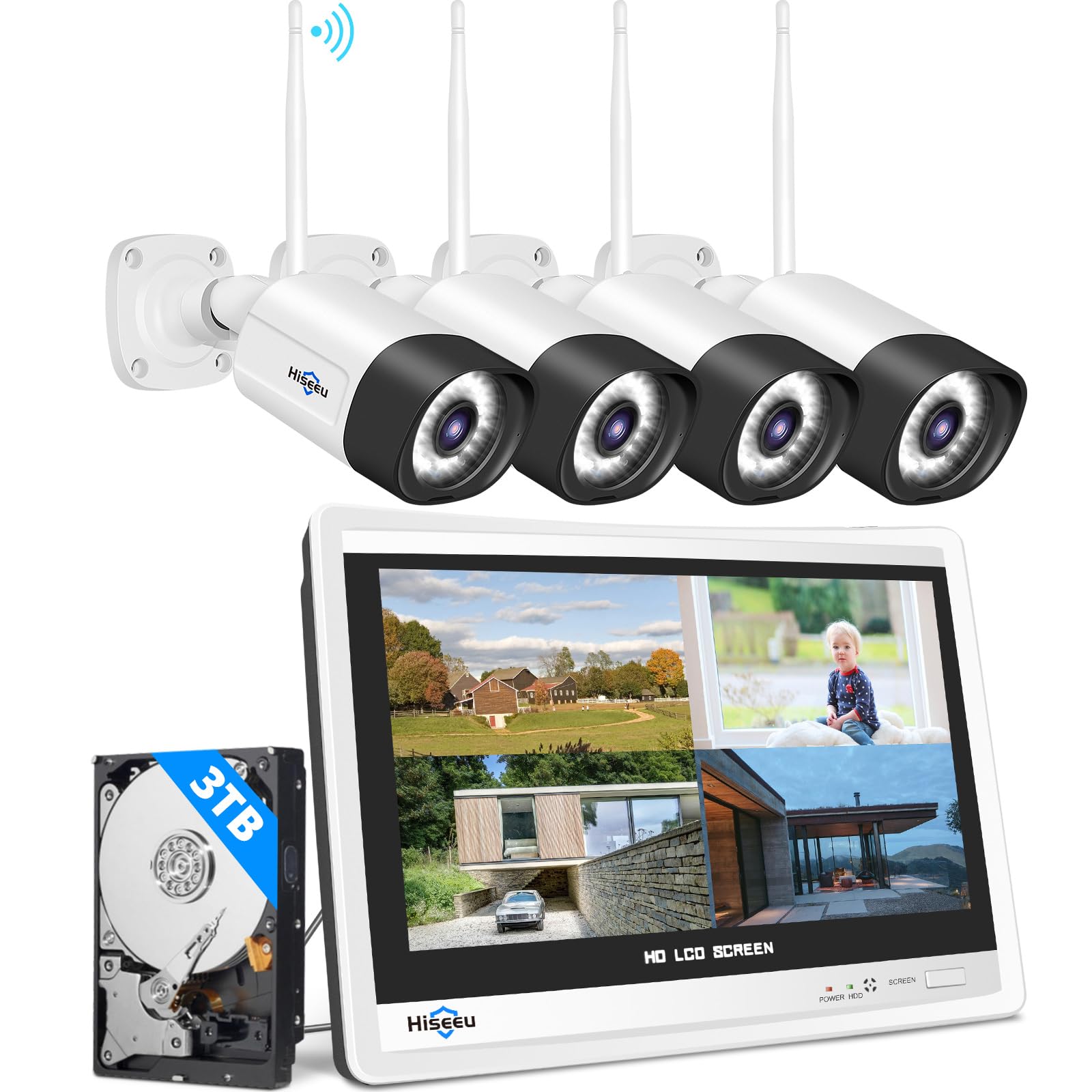 Hiseeu [5MP+3TB Festplatte] Überwachungskamera Set Aussen WLAN mit 12''Monitor 10CH Wireless NVR,4 Pcs 5MP WiFi Kameras mit Farbe Nachtsicht,2-Wege Audio,Fernanzeige,App&Mail Alarm,3TB HDD Inklusive