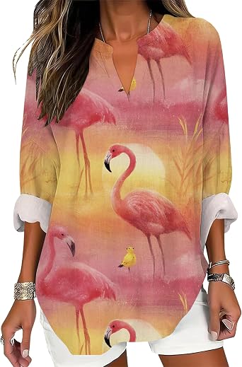 Womens Hawaiian Flamingo Shirt V Neck Casual Floral Tropical Print Tee Long Sleeve Loose Drop Shoulder Tunic Boho Blouse Summer Dressy Vacation Beach Tops,Pink Yellow,S