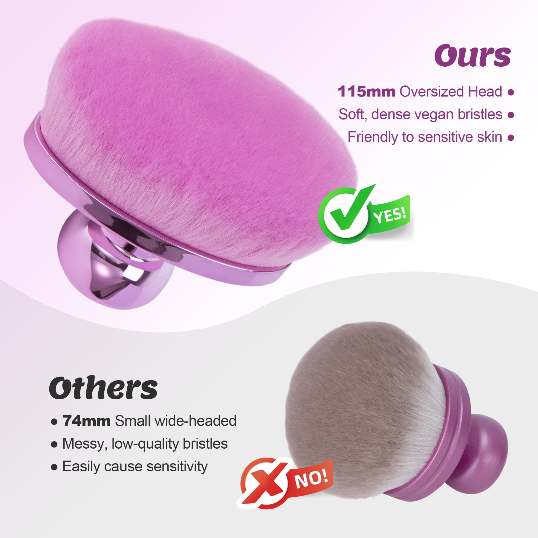 Yoseng-Purple - Brocha de maquillaje corporal extra grande para autobronceador, 115 mm de ancho, ovalada, cepillo corporal Kabuki para mezclar y difuminar, fibra vegana, cepillo autobronceador para