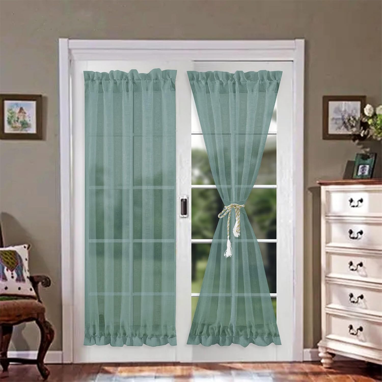 BOYOUTH Dual Rod Pocket Sheer Voile French Door Curtain & Drapes,54" W x 72" L,Green,2 Panels