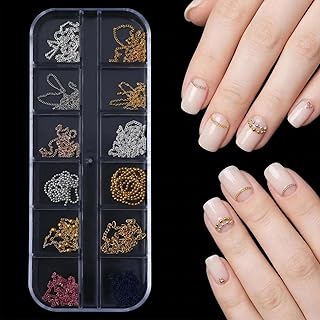 12 Grids Metal Chain Nail Art Decoration Set, Assorted Gold/Silver/Rose Gold Chain Links & Beads for DIY Manicure & Salon Nail Design