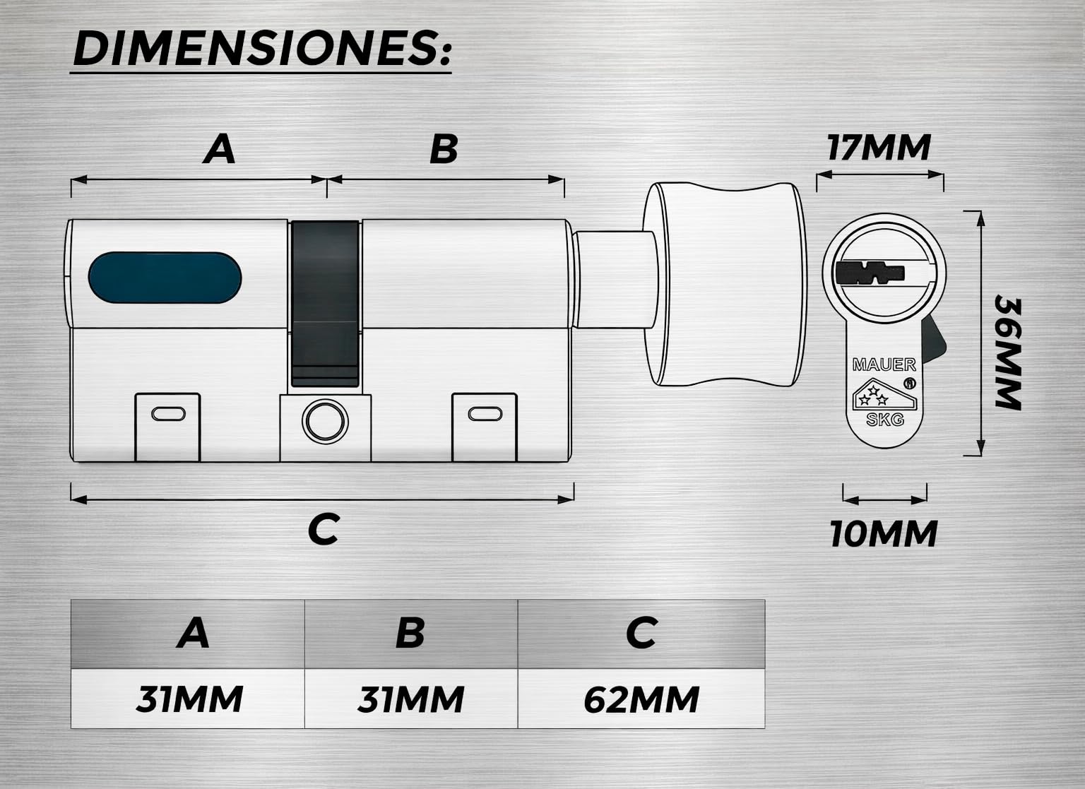MAUER NW5 Bombin de Seguridad 31x31 Color Niquel con Pomo + Destornillador | Cilindro Bombillo Reforzado Anti Impresioning Anti Rotura AntiBumping Anti-Taladro Leva Anti-Extracción Cerradura