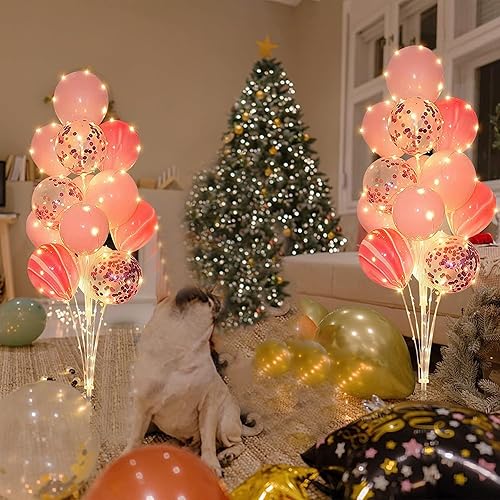Miniatura 6 de Juego de 2 soportes de columna de globos con tira de luz y 26 globos para decoración de suelo para baby shower, graduación, cumpleaños, Halloween,