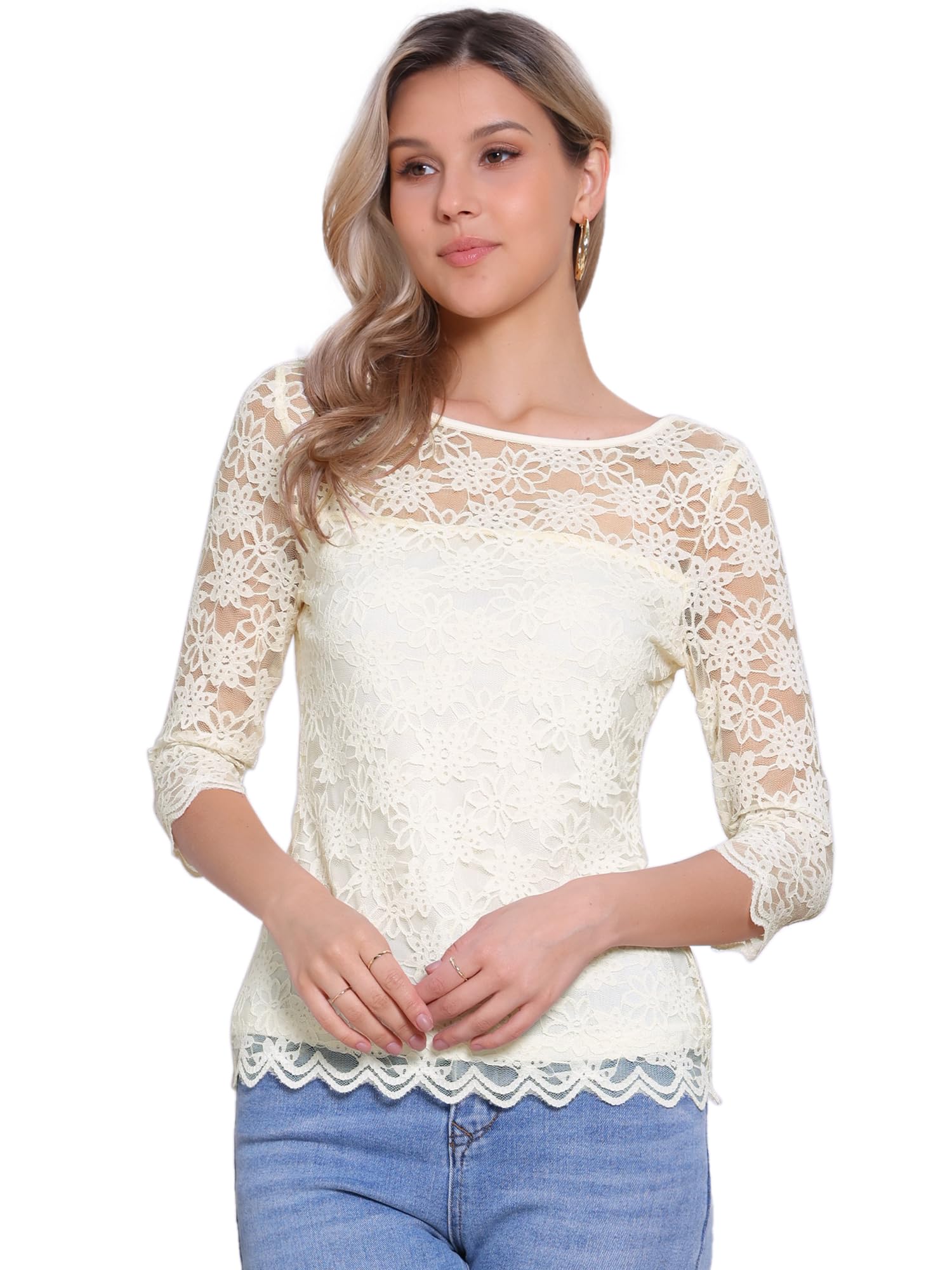 Allegra K Haut en dentelle florale pour femme, manches 3/4, col rond, décontracté, élégant, abricot, Taille XL