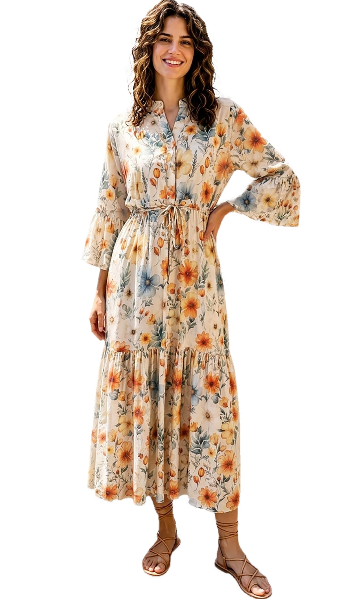 Damen Midi-Kleid Viskose, Elegantes Kleid mit Blumendruck, 3/4 Arm
