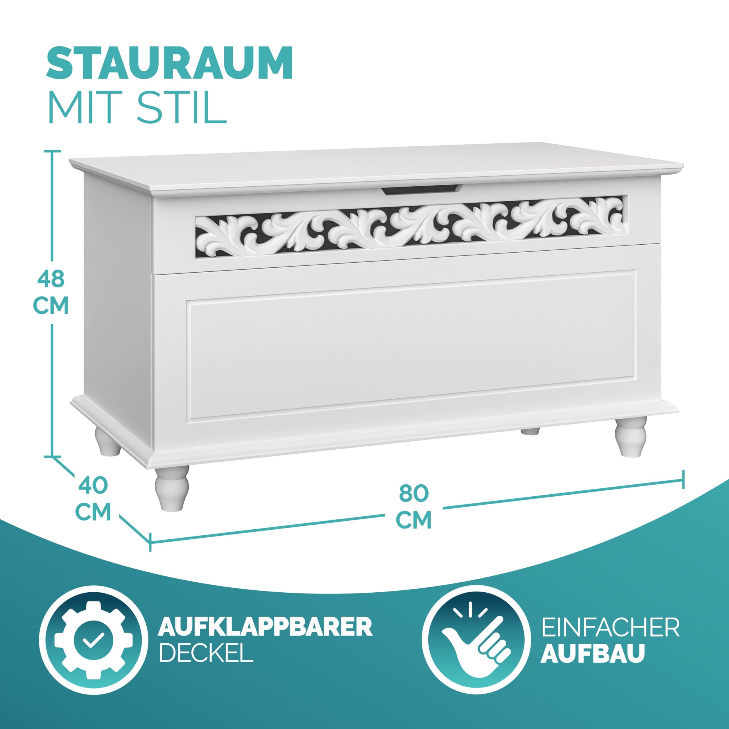 Casaria® Holztruhe Jersey mit Deckel groß klappbar XXL Stauraum Sitzbank Truhe Holzkiste Schatztruhe Box Schuhbank Truhenbank Wäschetruhe weiß 80x40cm