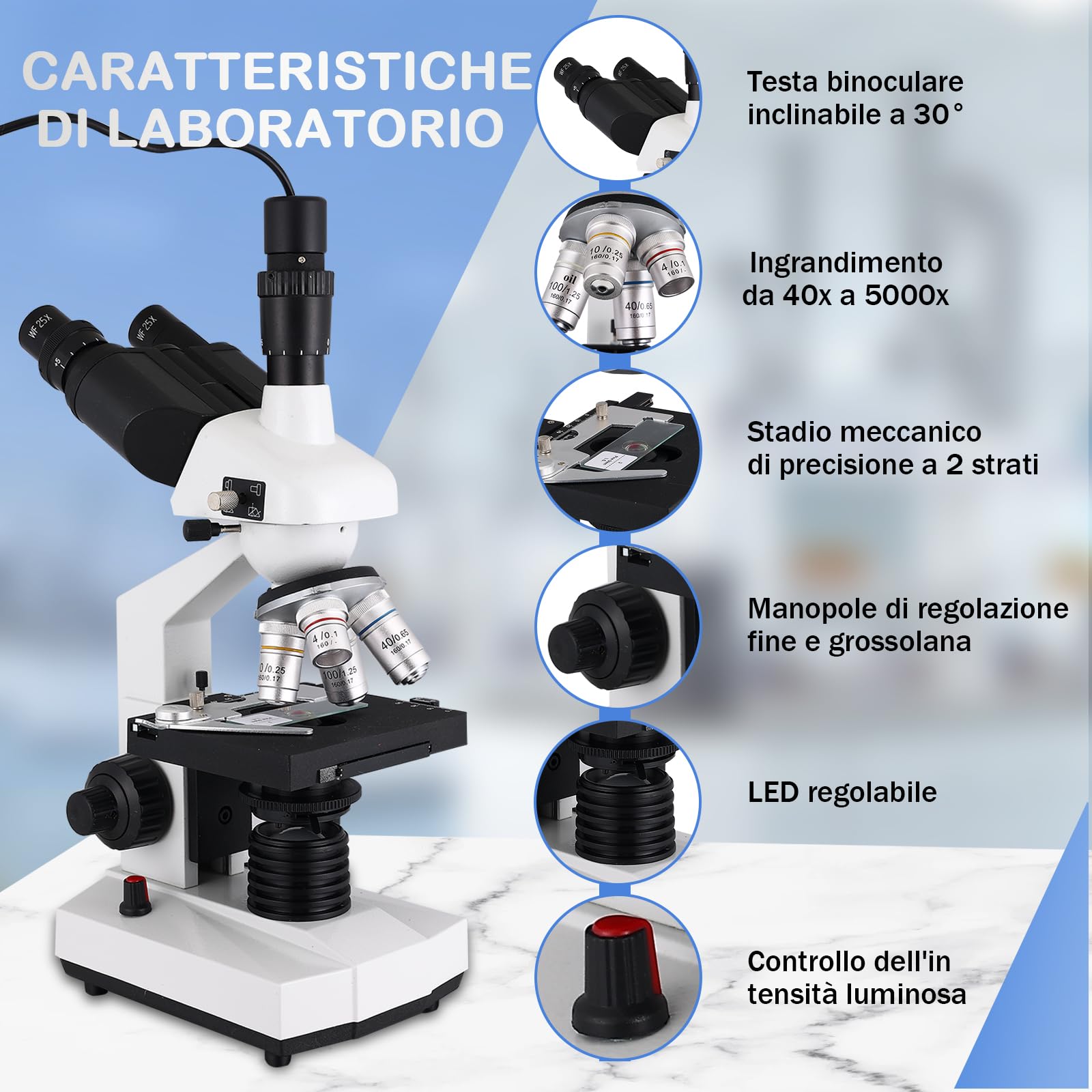 Microscopio ottico trinoculare, ingrandimento da 40 a 5000 volte, microscopio professionale scientifico con fotocamera USB e tavolo meccanico, microscopio per adulti