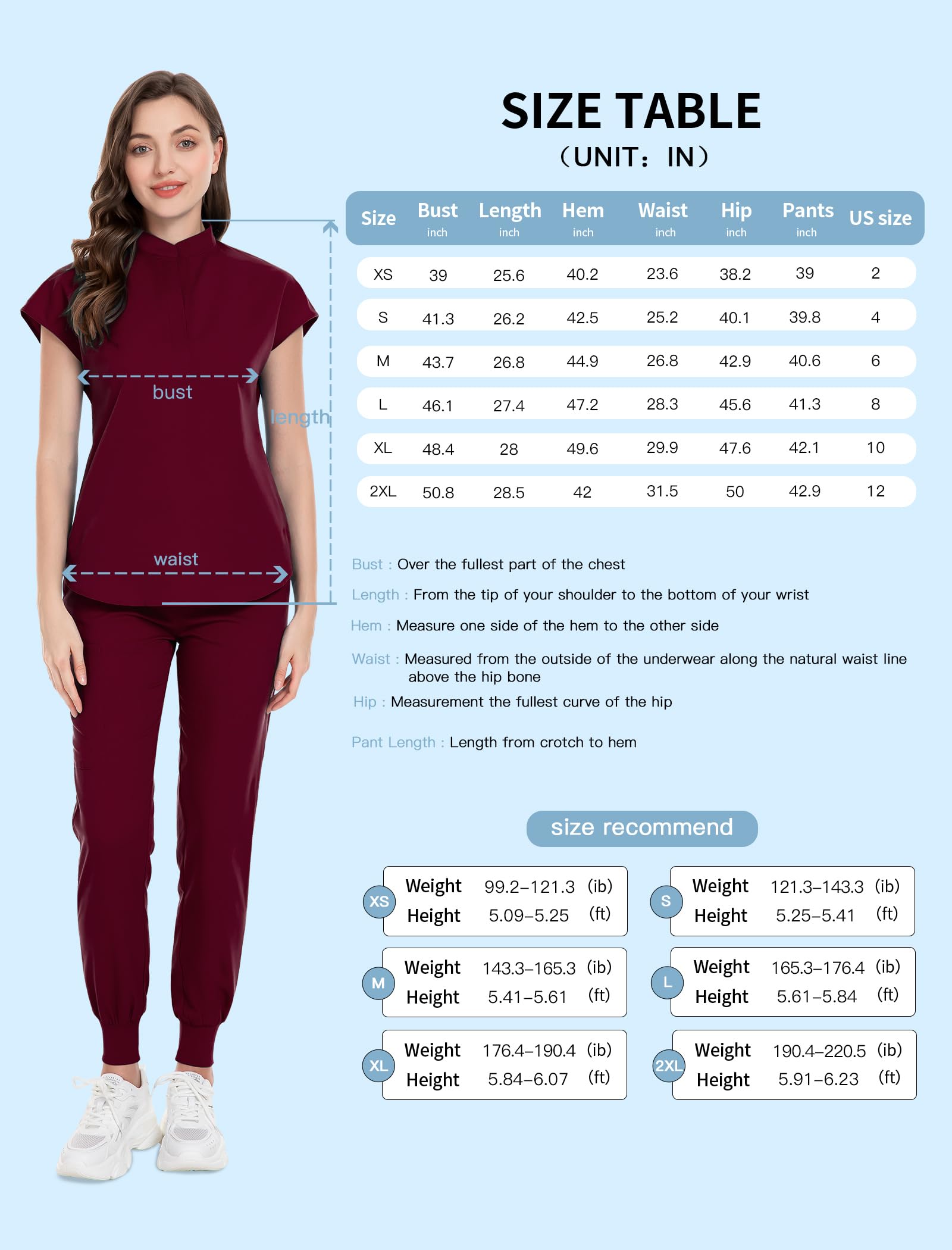 niaahinn Schlupfkasack für Damen, Krankenschwesteruniform, Jogginganzug, Stretch-Top und Hose mit mehreren Taschen, für Krankenschwestern, Ärzte, Ästhetiker, Arbeitskleidung (Rot, Größe M)