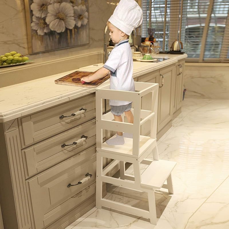 Taburete de cocina para niños pequeños con alfombrilla antideslizante, WOOD CITY Torre de taburete de aprendizaje Montessori de madera para niños, ayudante de torre de pie para encimera de cocina y fregadero de baño (blanco)