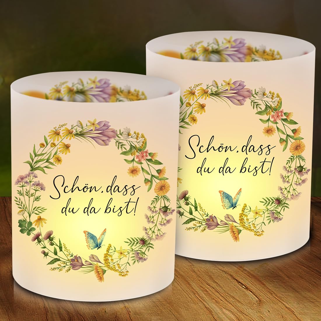 12 Windlicht Tischdeko Schön DASS du da bist, Frühling Blumenkranz Schmetterling Tisch Deko, Bunte Windlichter Tischdeko Taufe, Windlicht für Hochzeit Taufe Konfirmation Kommunion Baby Shower