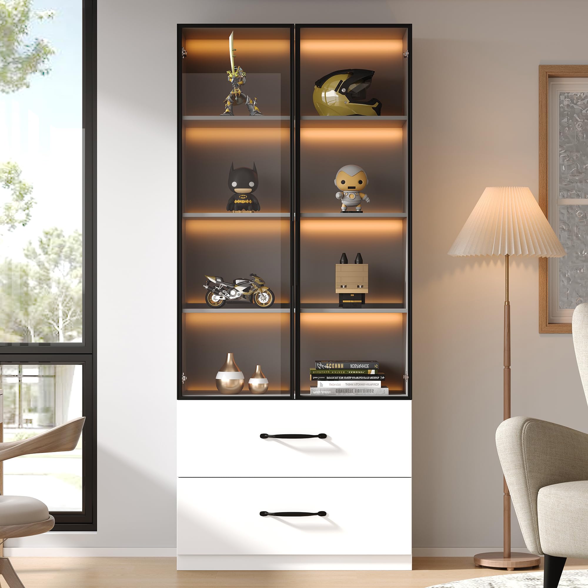 Vitrina de 60 × 40 × 160 cm, vitrina de cristal blanco, estantería y armario multifunción con cajones, con marco de aluminio, puertas de vidrio templado y bisagras de cierre suave