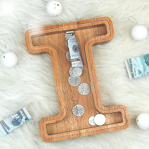 Miniatura 61 de Alcancía para niños y niñas, alcancía grande de madera personalizada con diseño recortado, bancos de monedas con letras del alfabeto, caja de ahorro