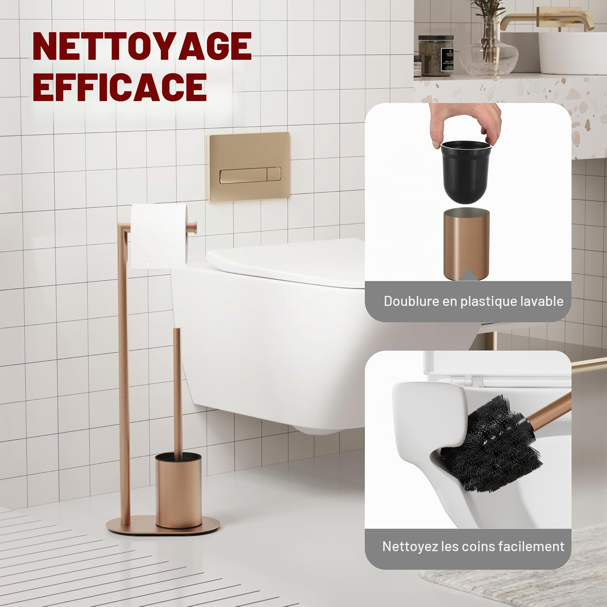 BVL Brosse WC en acier inoxydable or rose avec porte-papier toilette, brosse WC et porte-papier toilette debout