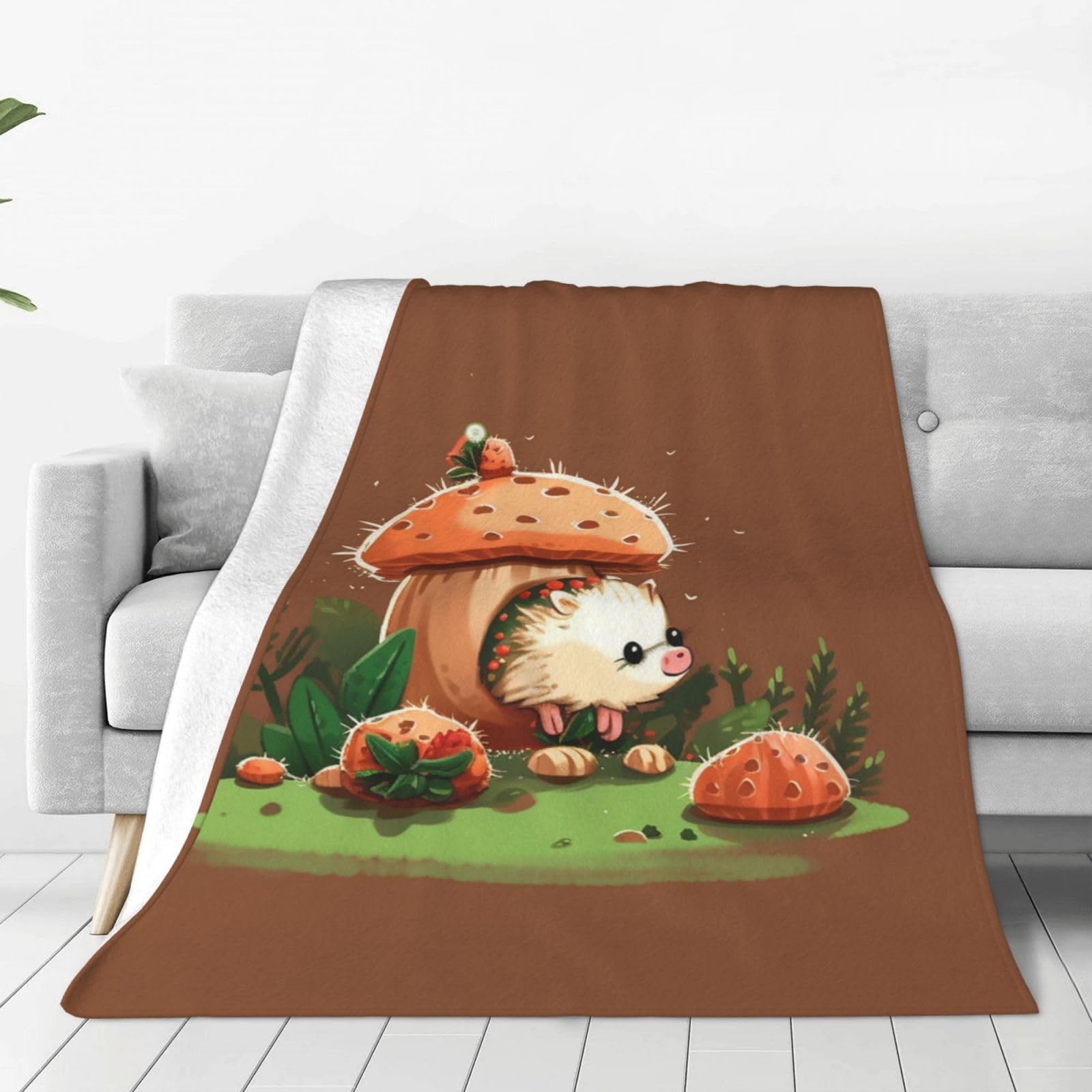 Hedgehog and Mushroom Throw Blanket for Couch, Plush Fuzzy Soft Flannel Blankets and Throws for Sofa, 50"x40" Bed Blankets for Travel Camping Chair, All Season Warm Fleece Blanket