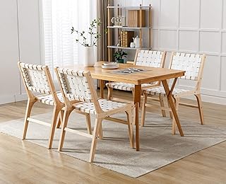 Kmax Woven Strips Dining Chairs Set of 4 Modern Armless Wood Chair Rattan Farmhouse Kitchen Chair Faux Leather Side Chairs for Kitchen,White