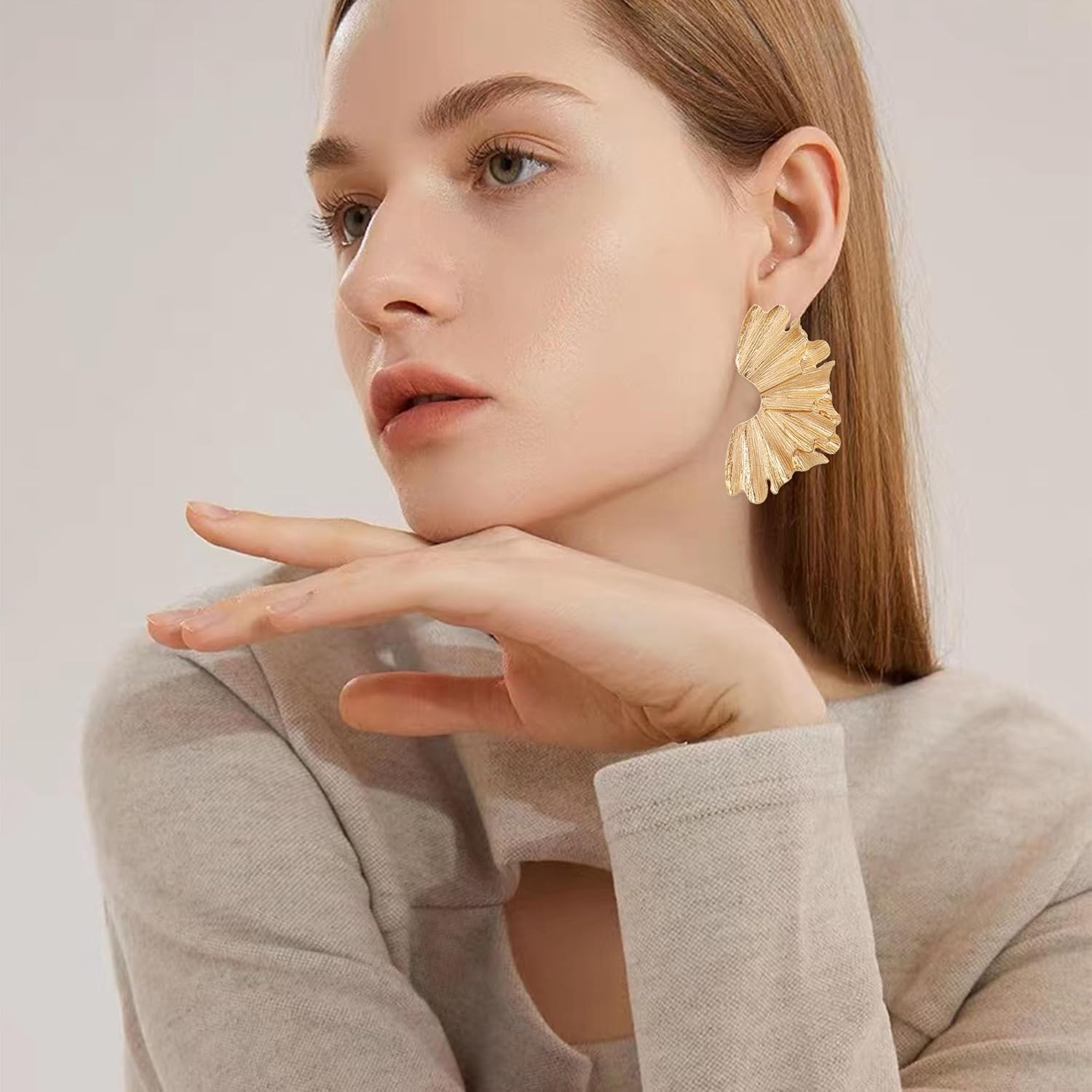 Gold Statement Stud Earrings for Women Bohemian Large Geometric Ginkgo Leaf Flower Sectored Dangling Drop Earrings Jewelry - Image 4